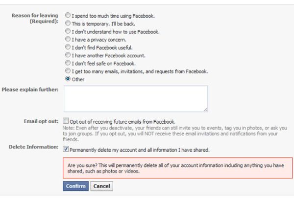 Facebook está probando una opción que permite el borrado definitivo de la cuenta