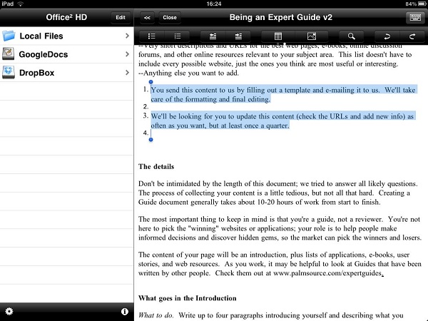 iPad, Office 2 HD es un programa para editar documentos de Word, Excel y Google Docs