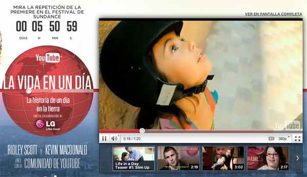 YouTube emite la premiere mundial de Life in a Day o La vida en un dí­a hoy a las 7 de la tarde