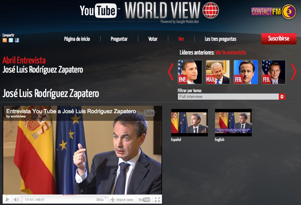 YouTube, Zapatero fue entrevistado en YouTube