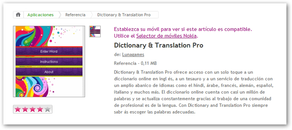 Dictionary & Translation Pro, significados, sinónimos y traducciones en tu móvil Nokia