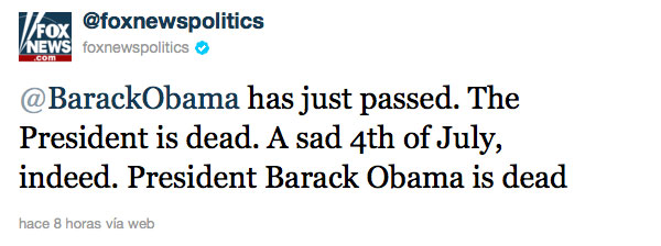 Obama muere en Twitter con la ayuda de un hacker que pirateó la cuenta de FoxNews