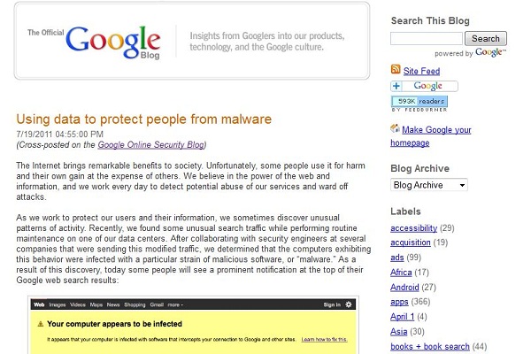 Google, el buscador de Google alerta a los usuarios de que sus ordenadores están infectados