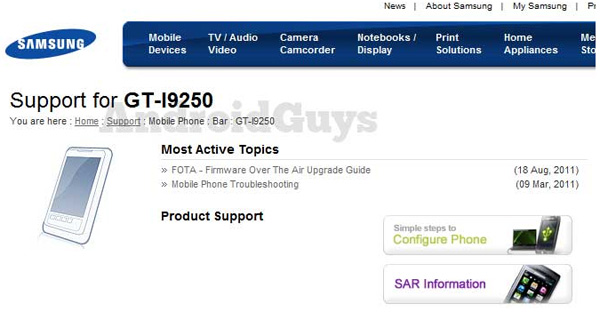 Aparece una página de soporte para el Samsung Nexus Prime