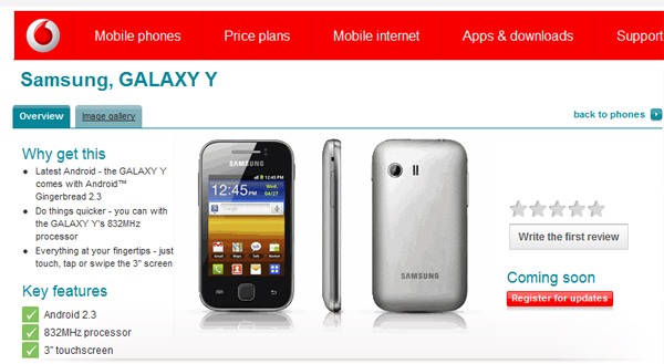 El Samsung Galaxy Y estará disponible a través de Vodafone 2