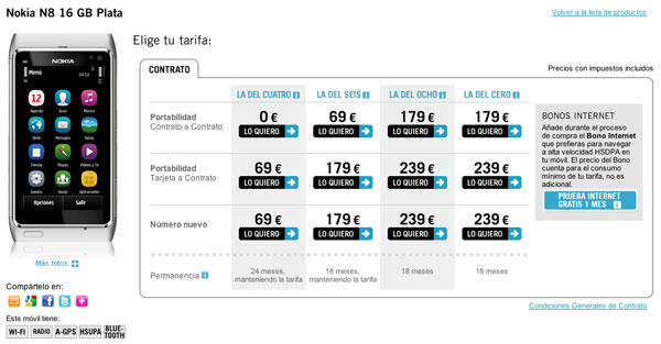 Nokia N8 con Yoigo, precios y tarifas 2