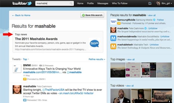 Twitter prueba las búsquedas con Top News y Top People