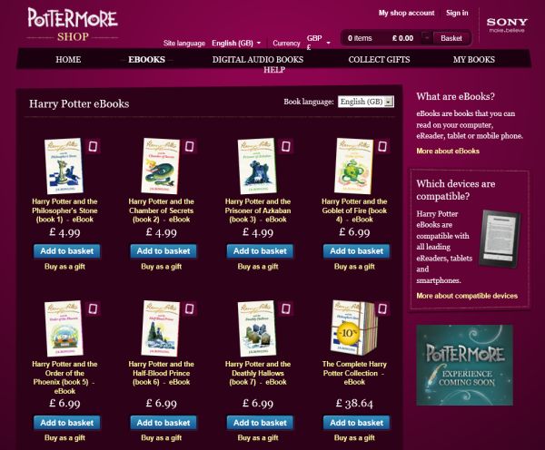 Todos los libros de Harry Potter a la venta en formato electrónico