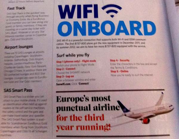 Las aerolí­neas SAS ofrecen Wifi gratis en sus aviones