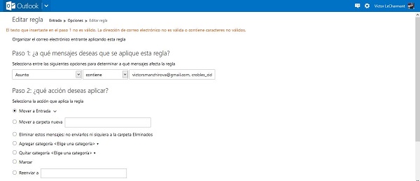Reglas de Outlook.com