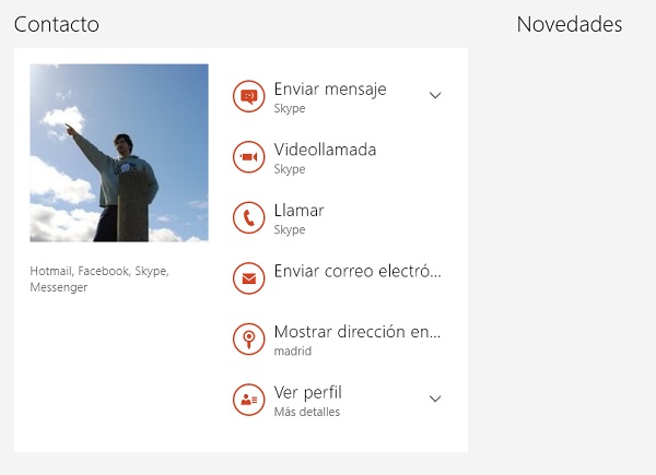 Novedades del contacto en Windows 8