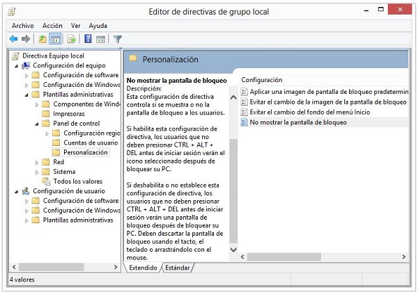 Desactivar pantalla de bloqueo de Windows 8
