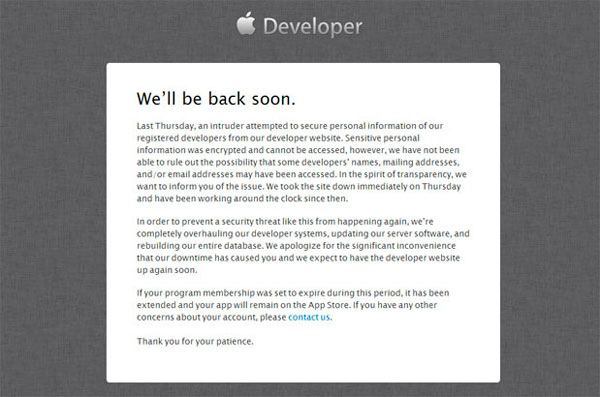 Apple DevCenter fallo