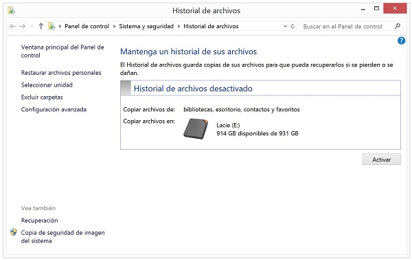 Historial de archivos de Windows 8