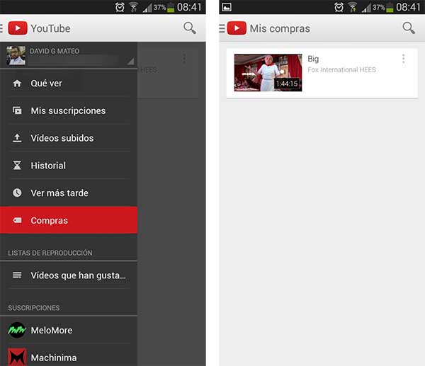YouTube para Android ya reproduce las películas compradas en Google Play 2 youtube compras