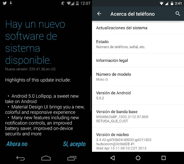 Motorola Moto G de 2013 con Android 5.0.2 Lollipop, ya disponible la actualización 2 Android 5.0.2 Lollipop para el Motorola Moto G (2013)