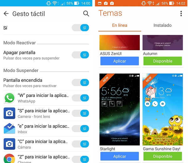 Temas y gestos Asus Zenfone Selfie