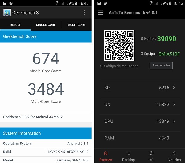 Resultados del Samsung Galaxy A5 2016 en Geekbench 3 y AnTuTu Benchmark