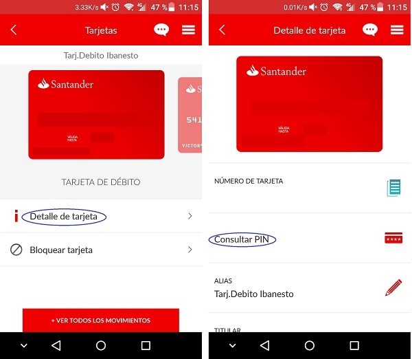 Consultar PIN de la tarjeta app Banco Santander