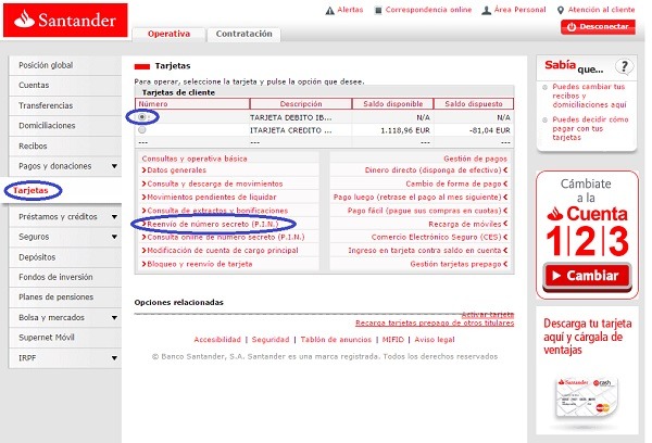 Banco Santander ver código PIN tarjeta de débito