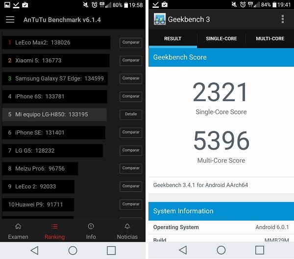 De izquierda a derecha, resultados del LG G5 en AnTuTu Benchmark y Geekbench 3