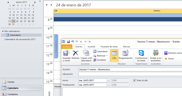 vacunación calendario outlook
