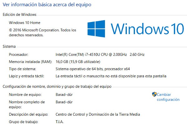 informacion basica equipo Windows 10