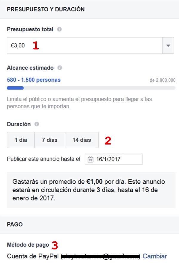 Ventana pago promoción Facebook