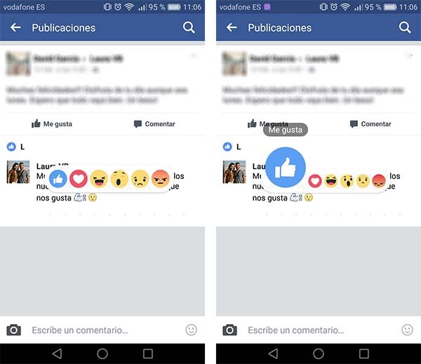 reacciones comentarios facebook app