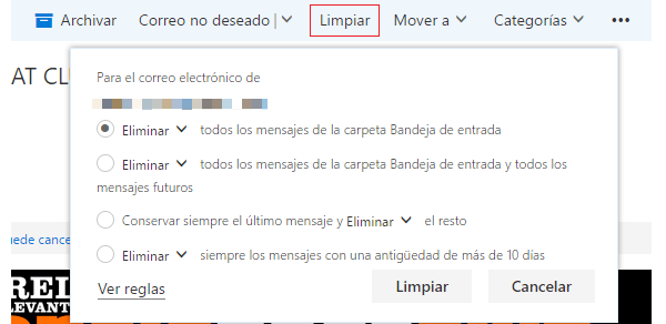 Cómo dejar de recibir correos de un foro o web en Outlook.com 2 outlook herramienta limpiar