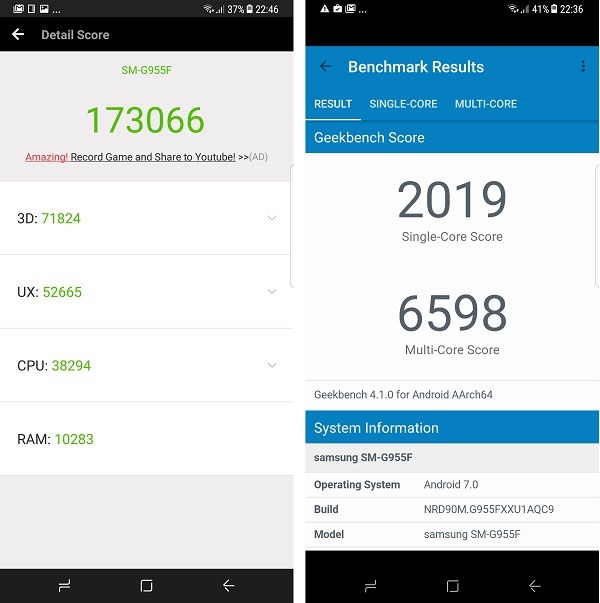Pruebas de rendimiento de Samsung Galaxy S8+ en AnTuTu y Geekbench