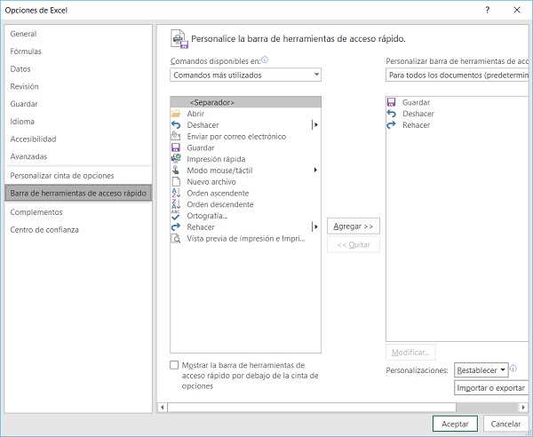 Barra de herramientas de acceso rápido de Excel
