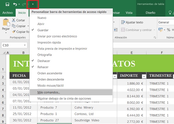 Excel barra de herramientas