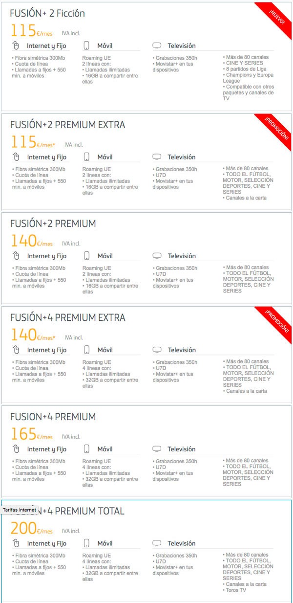 Movistar, Orange o Vodafone, ¿con cuál contrato fibra de 300 MB más móvil? 6 tarifas fibra 300 con Movistar, Vodafone y Orange fusion+ 2 diversas
