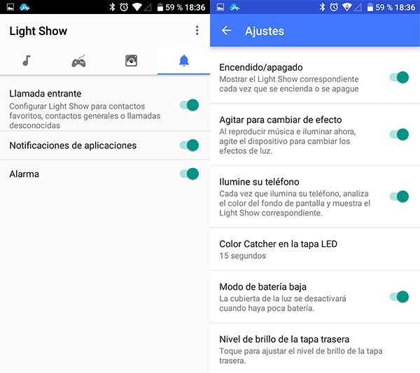 prueba Alcatel A5 LED Light Show ajustes