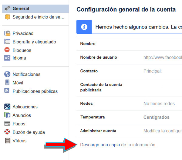 Trucos Facebook - Generar copia de todos tus datos