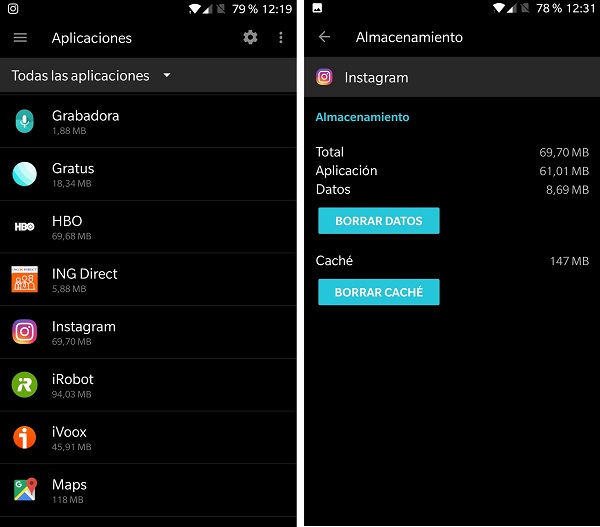 como borrar datos y cache aplicaciones android