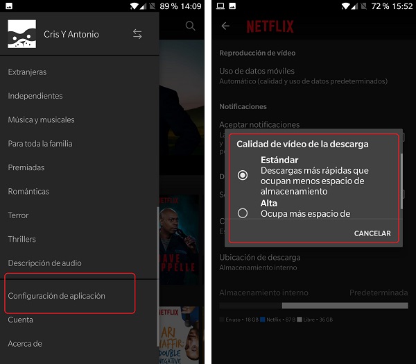 calidad de video de la descarga netflix