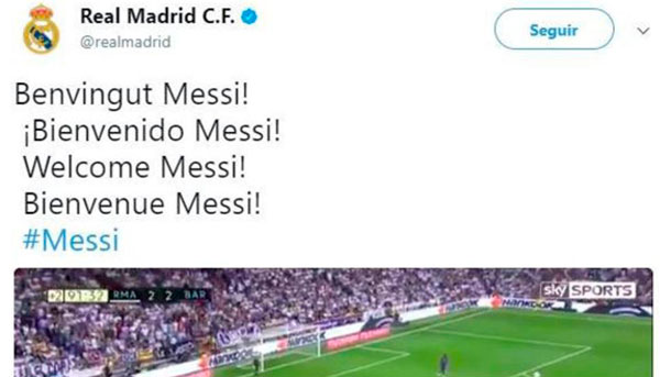 Hackean el Twitter del Real Madrid para anunciar el fichaje de Messi