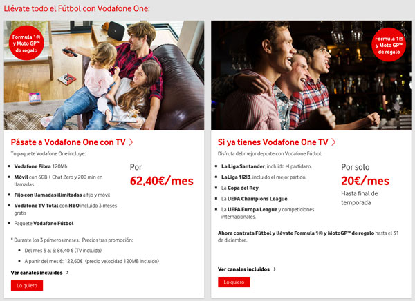 precios fútbol 2017-2018 en Vodafone packs