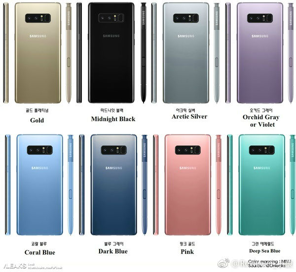 Samsung Galaxy Note 8 colores