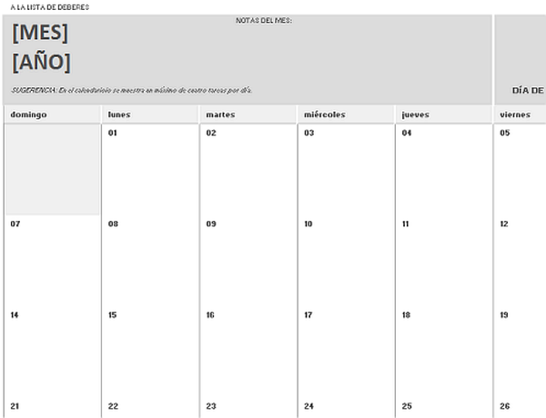 Calendario deberes colegio Excel
