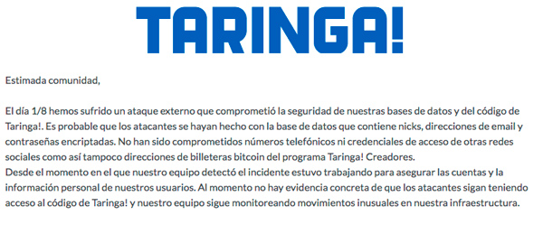 El comunicado de Taringa! tras el hackeo