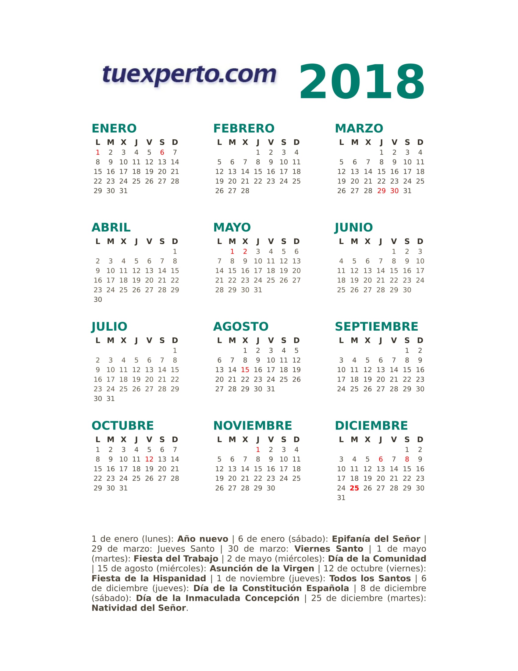 calendario laboral 2018