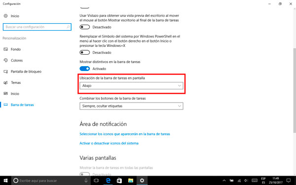 como personalizar barra de tareas Windows 10 ubicación