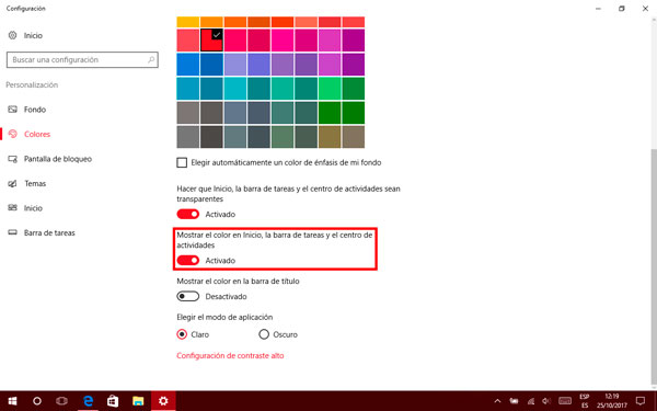 como personalizar barra de tareas Windows 10 color 2