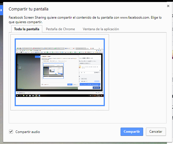 compartir pantalla facebook configurar