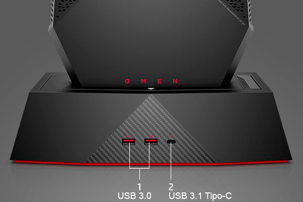 a fondo HP OMEN X Compact Desktop conectores base delante