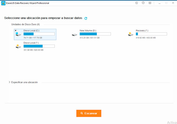 análisis EaseUS Data Recovery Wizard Pro pantalla de inicio