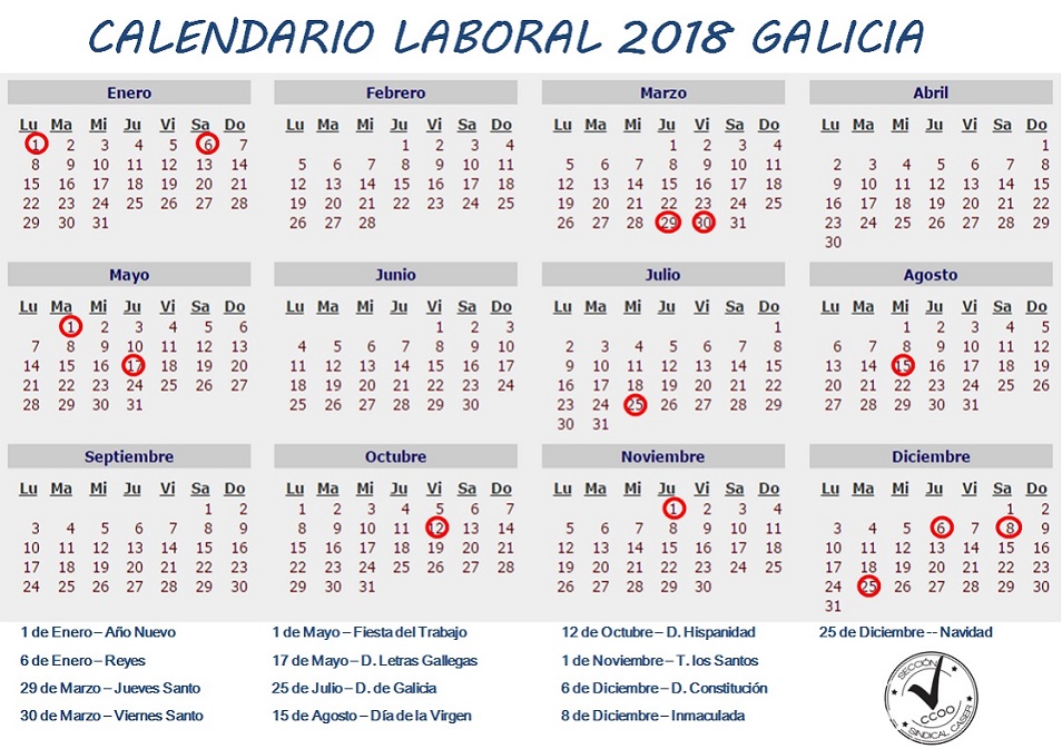 Calendario laboral de Galicia 2018
